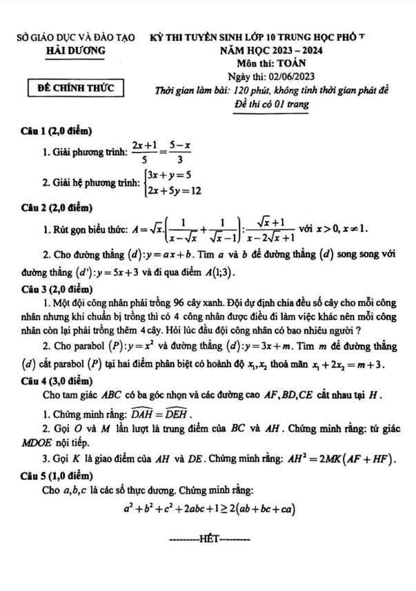 Đề tuyển sinh vào lớp 10 môn Toán năm 2023 – 2024 sở GD&ĐT Hải Dương