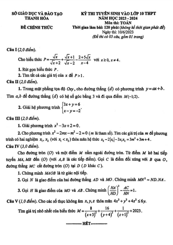 Đề tuyển sinh vào lớp 10 môn Toán năm 2023 – 2024 sở GD&ĐT Thanh Hóa