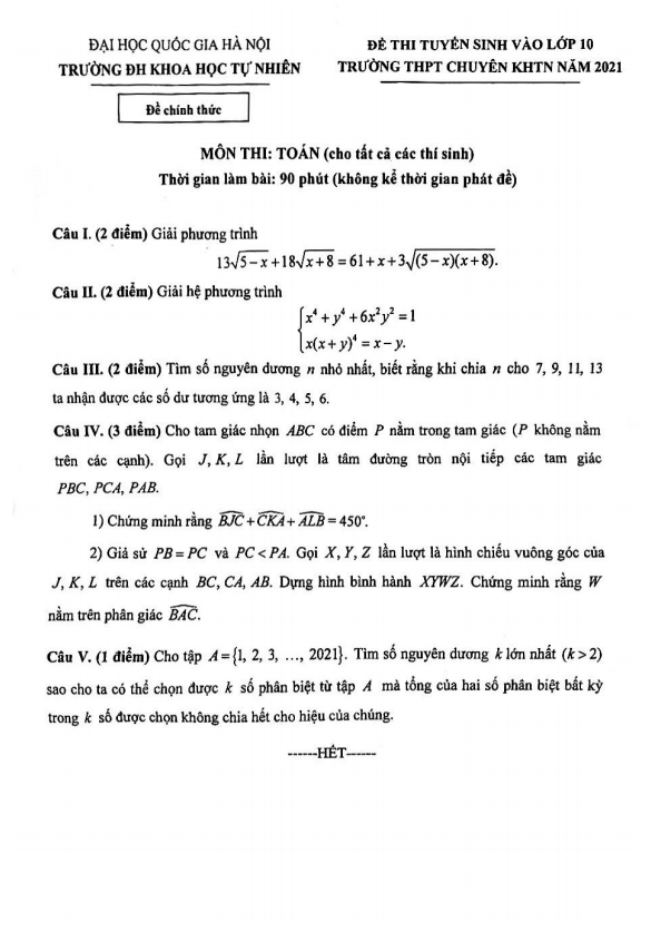 Đề tuyển sinh vào lớp 10 năm 2021 trường THPT chuyên KHTN – Hà Nội