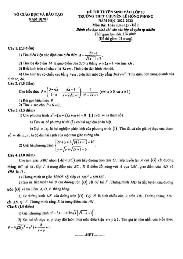 Đề vào lớp 10 môn Toán (chung) năm 2022 – 2023 trường chuyên Lê Hồng Phong – Nam Định