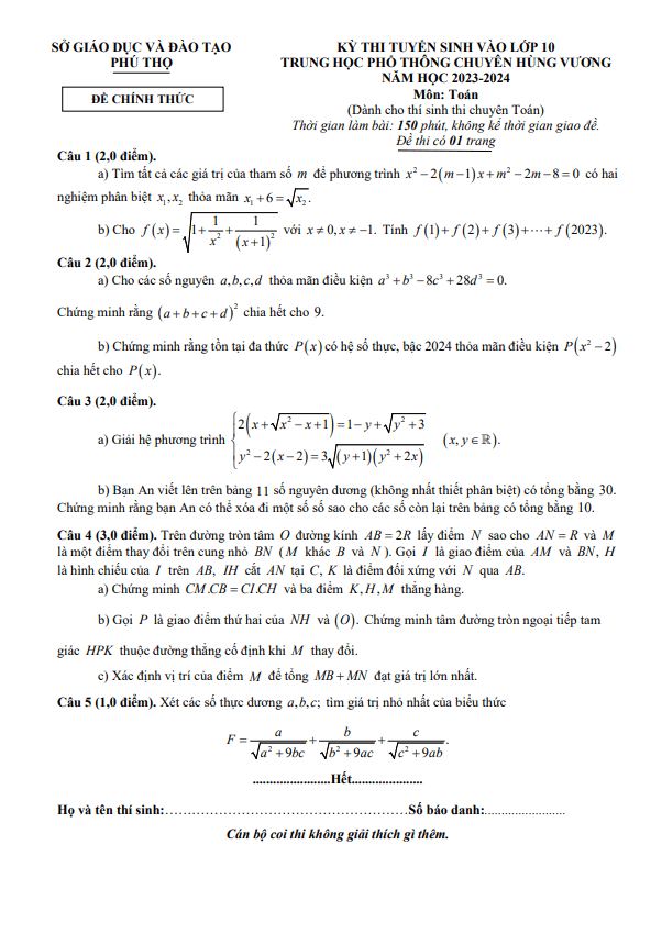 Đề vào lớp 10 môn Toán (chuyên) năm 2023 – 2024 trường chuyên Hùng Vương – Phú Thọ