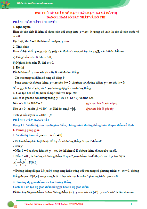 Hàm số bậc nhất, hàm số bậc hai và đồ thị