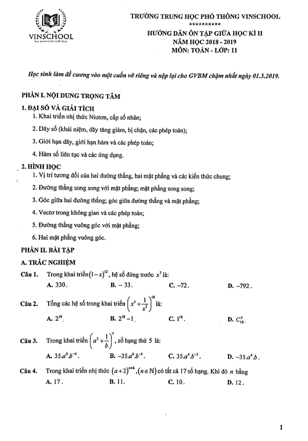 Hướng dẫn ôn tập giữa HK2 Toán 11 năm 2018 – 2019 trường THPT Vinschool – Hà Nội