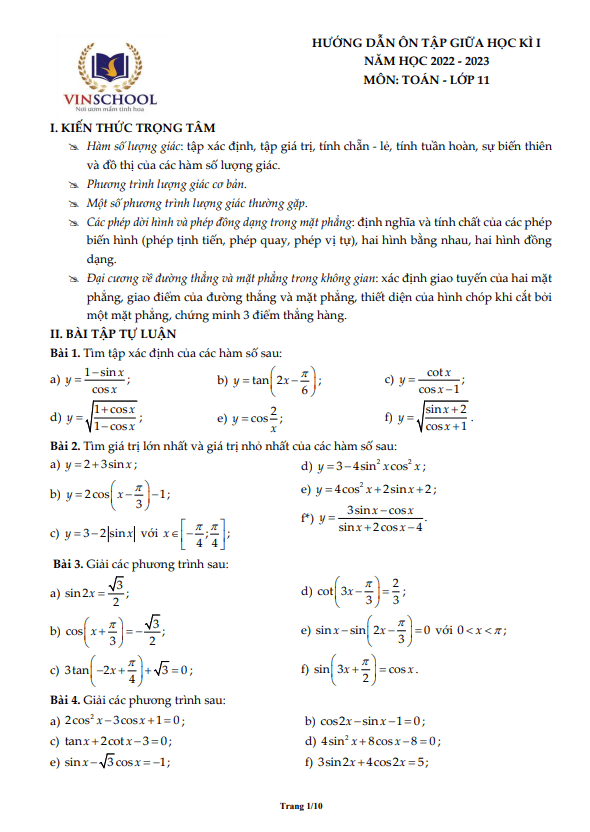 Hướng dẫn ôn tập giữa kì 1 Toán 11 năm 2022 – 2023 trường Vinschool – Hà Nội