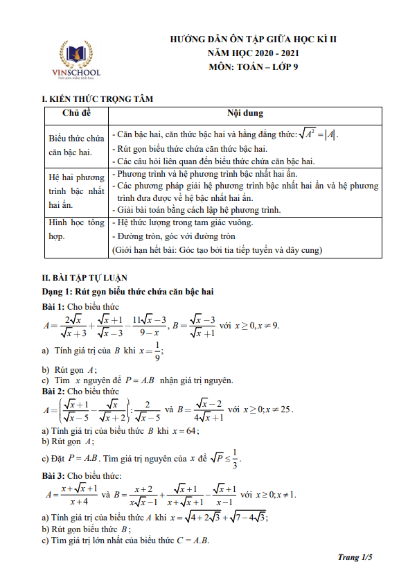 Hướng dẫn ôn tập giữa kì 2 Toán 9 năm 2020 – 2021 trường Vinschool – Hà Nội