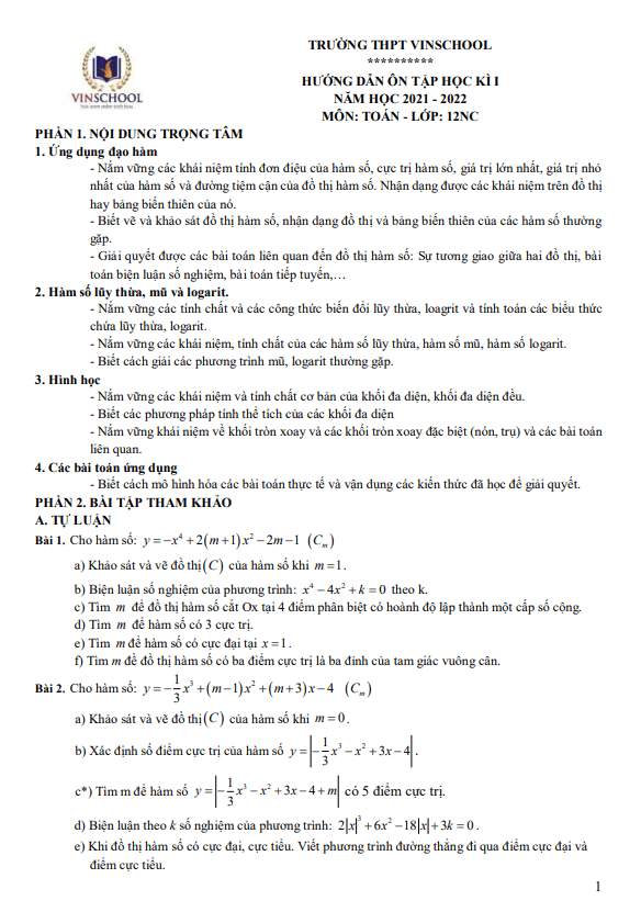 Hướng dẫn ôn tập học kì 1 Toán 12 năm 2021 – 2022 trường Vinschool – Hà Nội