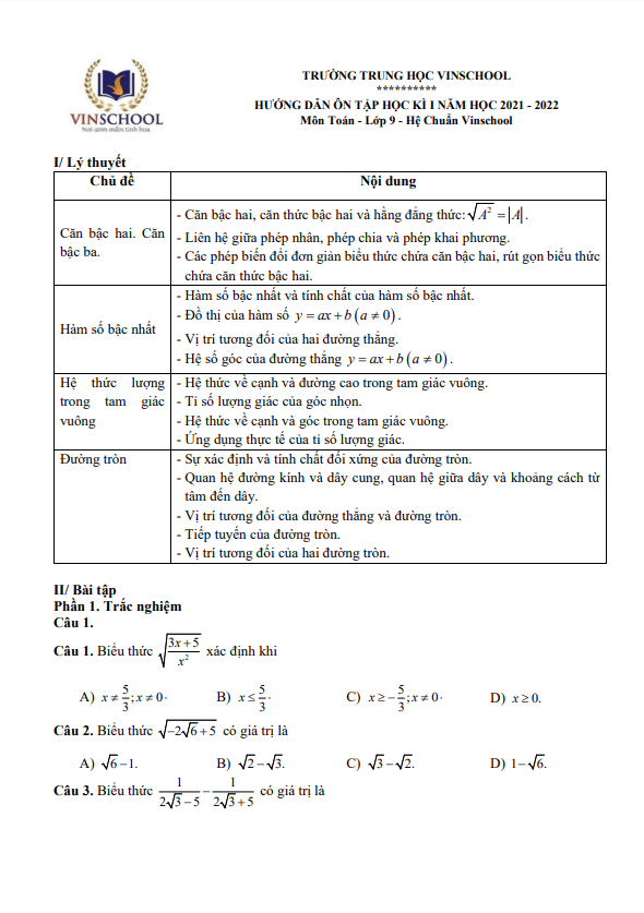 Hướng dẫn ôn tập học kì 1 Toán 9 năm 2021 – 2022 trường Vinschool – Hà Nội