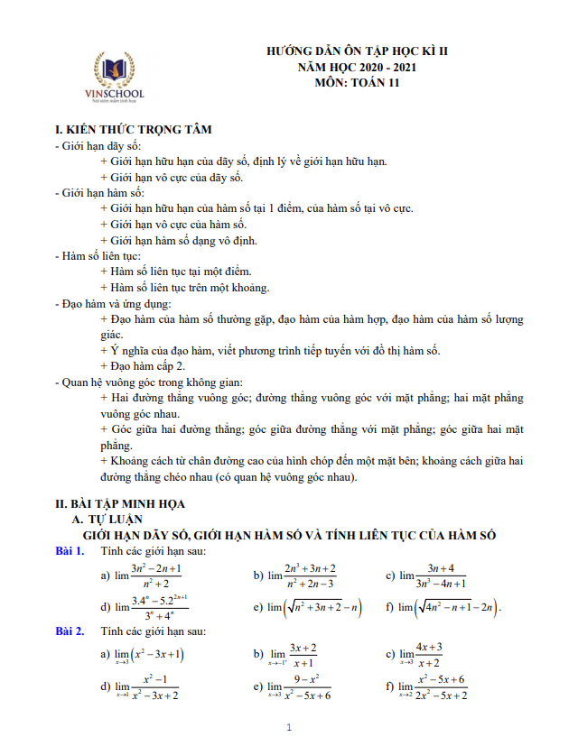 Hướng dẫn ôn tập học kì 2 Toán 11 năm 2020 – 2021 trường Vinschool – Hà Nội