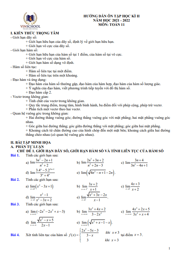 Hướng dẫn ôn tập học kì 2 Toán 11 năm 2021 – 2022 trường Vinschool – Hà Nội