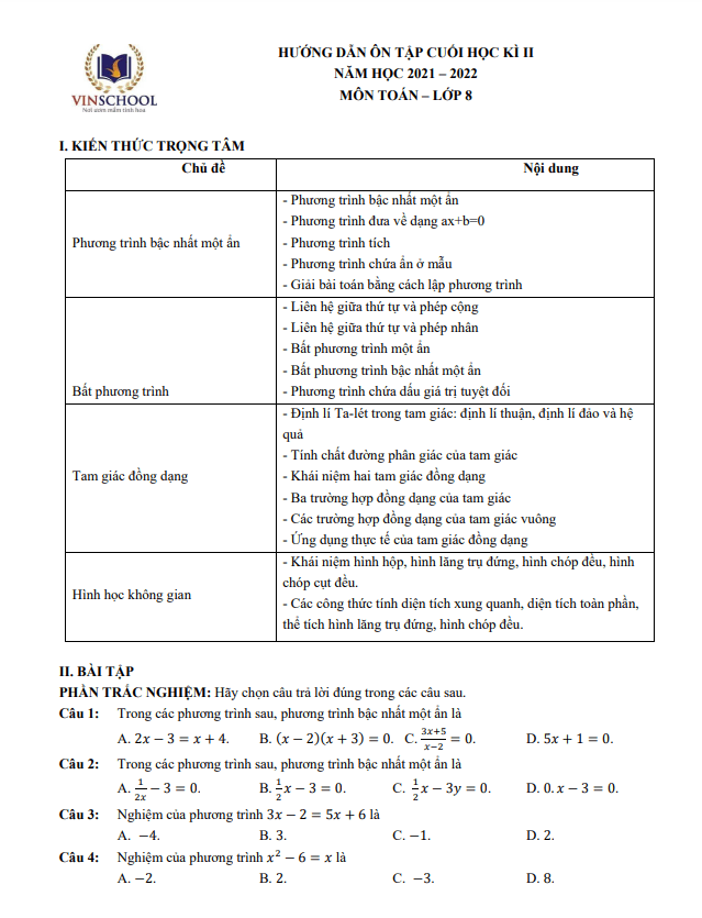 Hướng dẫn ôn tập học kì 2 Toán 8 năm 2021 – 2022 trường Vinschool – Hà Nội
