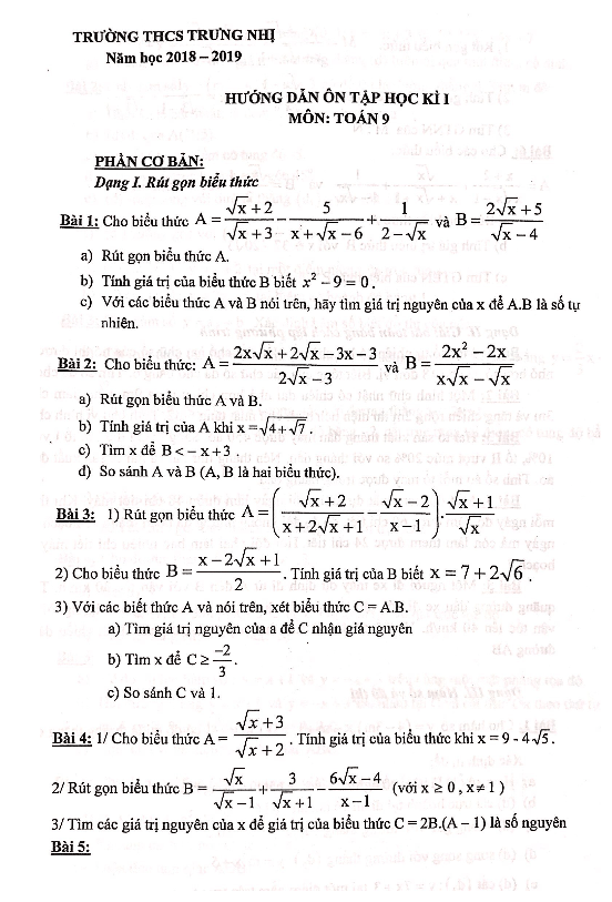 Hướng dẫn ôn tập học kỳ 1 Toán 9 năm 2018 – 2019 trường THCS Trưng Nhị – Hà Nội