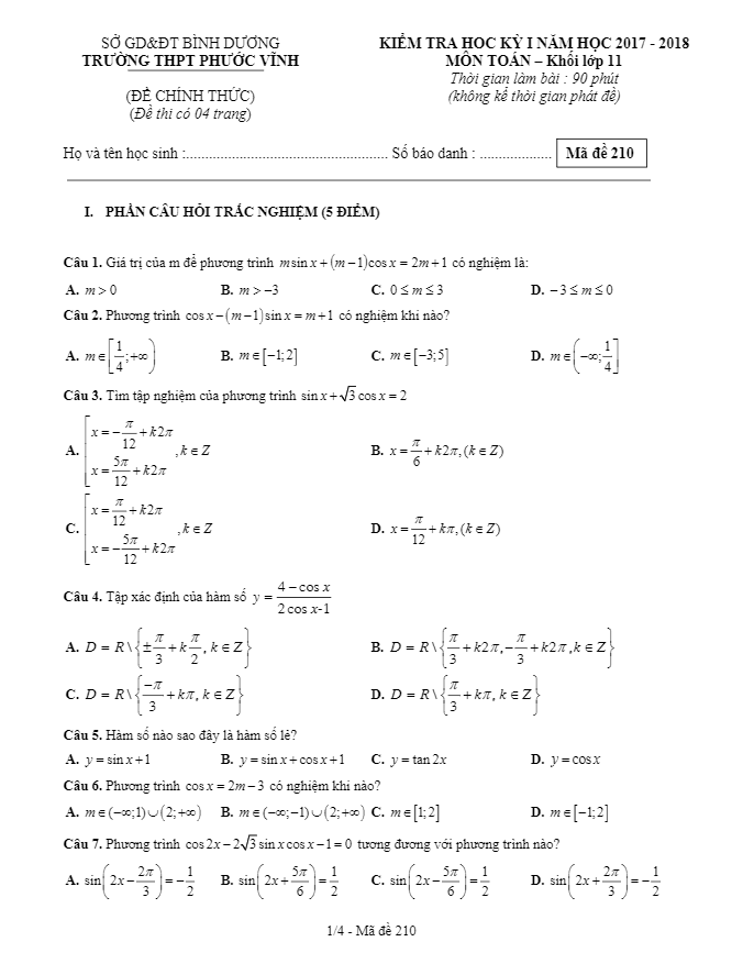 Kiểm tra học kỳ 1 Toán 11 năm học 2017 – 2018 trường THPT Phước Vĩnh – Bình Dương