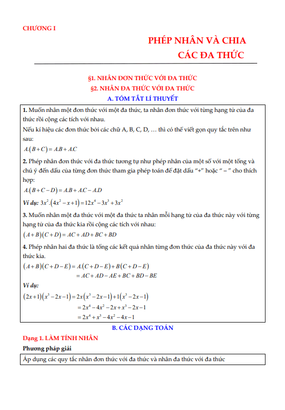 Lý thuyết, các dạng toán và bài tập phép nhân và phép chia đa thức