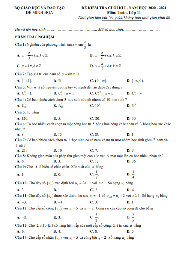 Ma trận, bảng đặc tả kĩ thuật và đề minh họa kiểm tra cuối kì 1 Toán 11