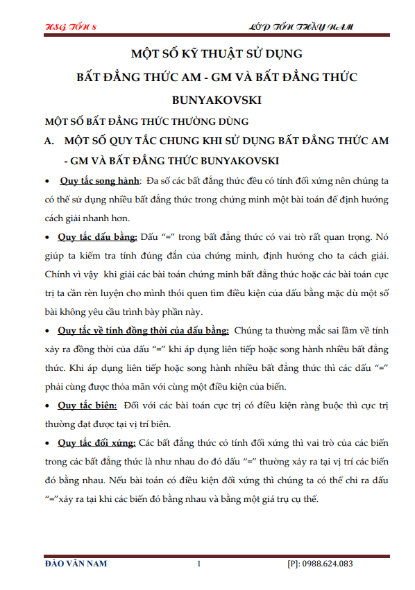 Một số kỹ thuật sử dụng bất đẳng thức AM – GM và bất đẳng thức Bunyakovski