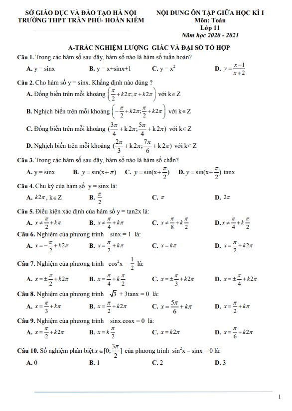Nội dung ôn tập giữa HK1 Toán 11 năm 2020 – 2021 trường THPT Trần Phú – Hà Nội