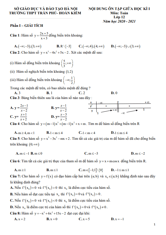 Nội dung ôn tập giữa HK1 Toán 12 năm 2020 – 2021 trường THPT Trần Phú – Hà Nội