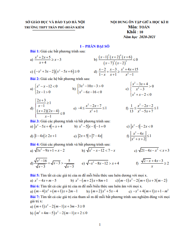Nội dung ôn tập giữa HK2 Toán 10 năm 2020 – 2021 trường Trần Phú – Hà Nội