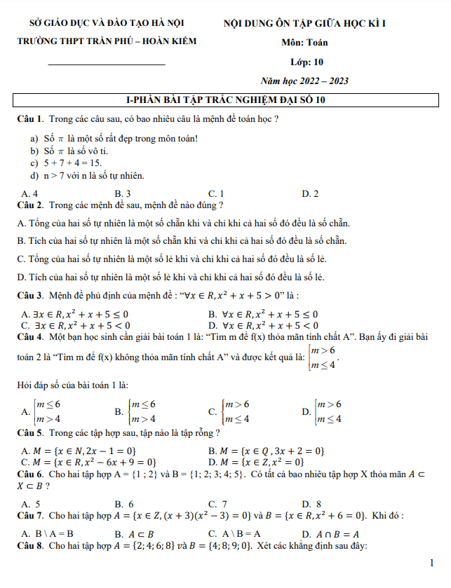 Nội dung ôn tập giữa kì 1 Toán 10 năm 2022 – 2023 trường THPT Trần Phú – Hà Nội
