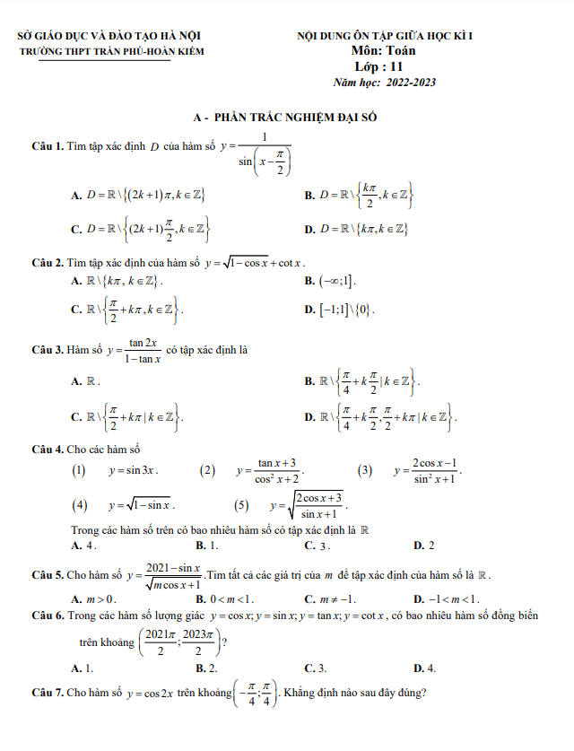 Nội dung ôn tập giữa kì 1 Toán 11 năm 2022 – 2023 trường THPT Trần Phú – Hà Nội