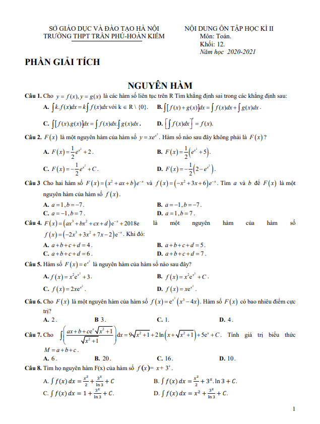 Nội dung ôn tập HK2 Toán 12 năm 2020 – 2021 trường THPT Trần Phú – Hà Nội