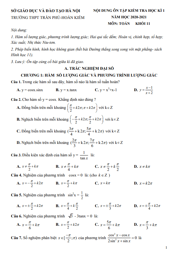 Nội dung ôn tập học kì 1 Toán 11 năm 2020 – 2021 trường THPT Trần Phú – Hà Nội