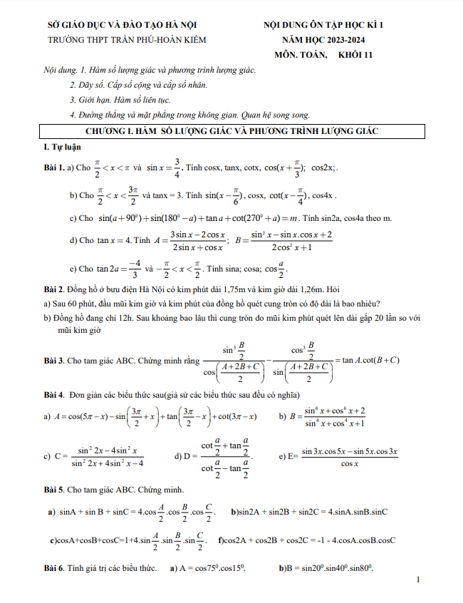 Nội dung ôn tập học kì 1 Toán 11 năm 2023 – 2024 trường THPT Trần Phú – Hà Nội