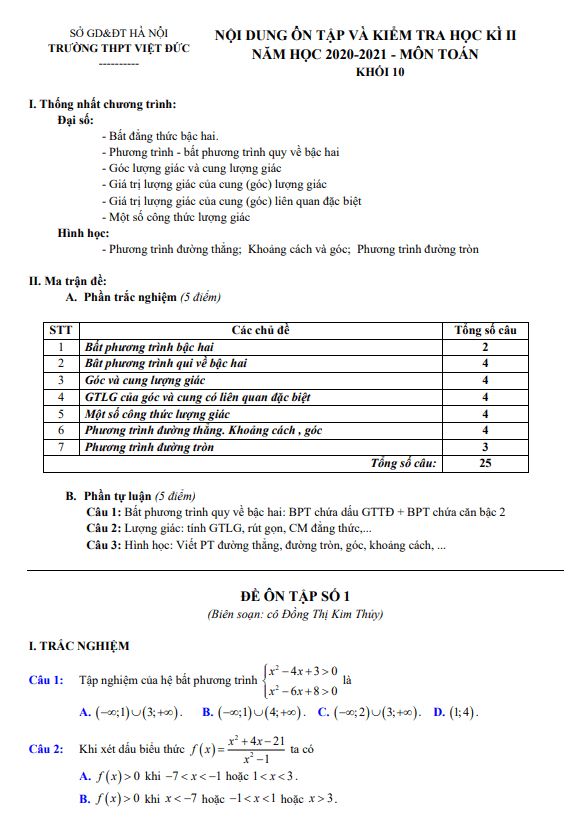 Nội dung ôn tập học kì 2 Toán 10 năm 2020 – 2021 trường THPT Việt Đức – Hà Nội