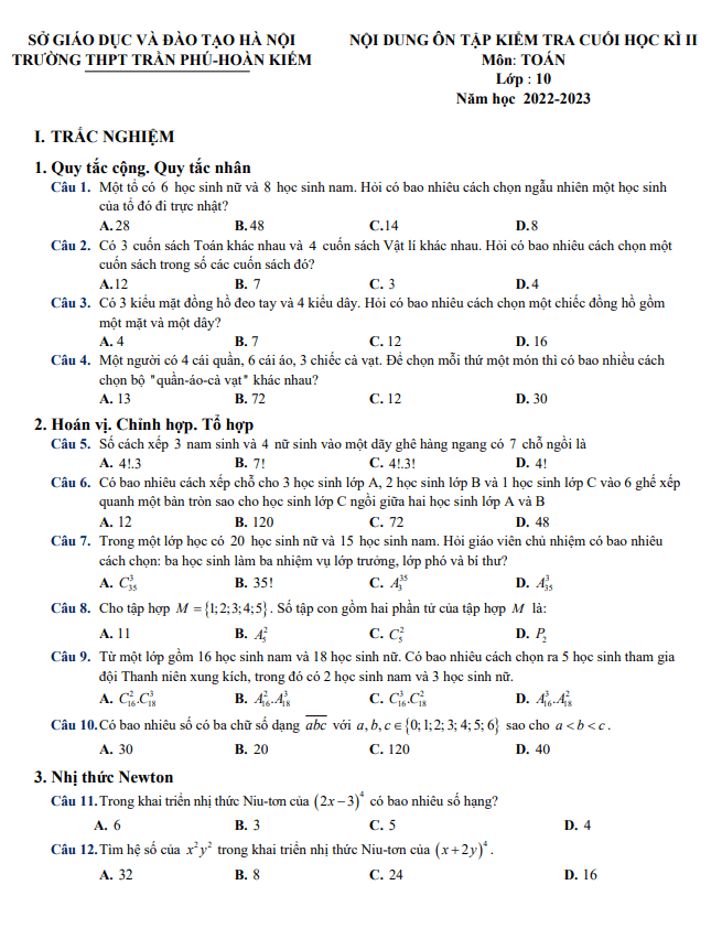 Ôn tập cuối học kì 2 Toán 10 năm 2022 – 2023 trường THPT Trần Phú – Hà Nội