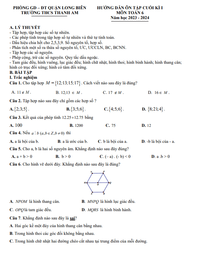 Ôn tập cuối kì 1 Toán 6 năm 2023 – 2024 trường THCS Thanh Am – Hà Nội