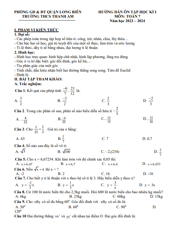 Ôn tập cuối kì 1 Toán 7 năm 2023 – 2024 trường THCS Thanh Am – Hà Nội