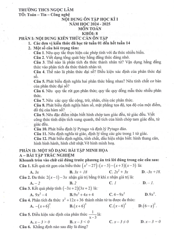 Ôn tập cuối kì 1 Toán 8 năm 2024 – 2025 trường THCS Ngọc Lâm – Hà Nội