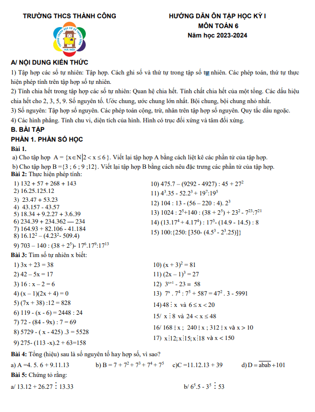 Ôn tập cuối kỳ 1 Toán 6 năm 2023 – 2024 trường THCS Thành Công – Hà Nội