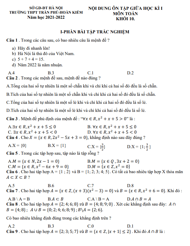 Ôn tập giữa học kì 1 Toán 10 năm 2021 – 2022 trường THPT Trần Phú – Hà Nội