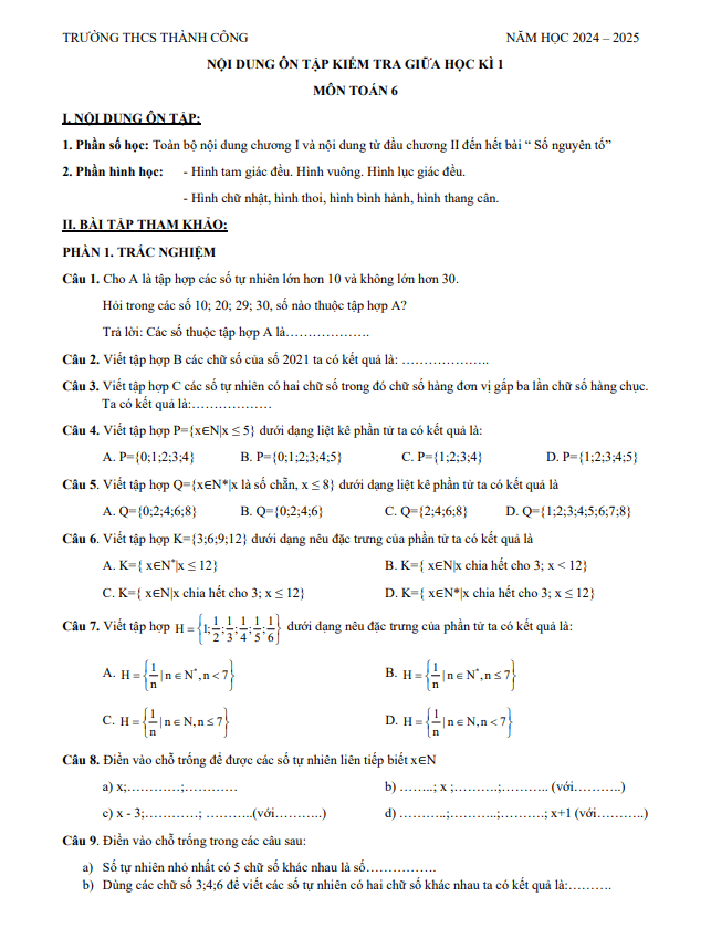 Ôn tập giữa học kì 1 Toán 6 năm 2024 – 2025 trường THCS Thành Công – Hà Nội