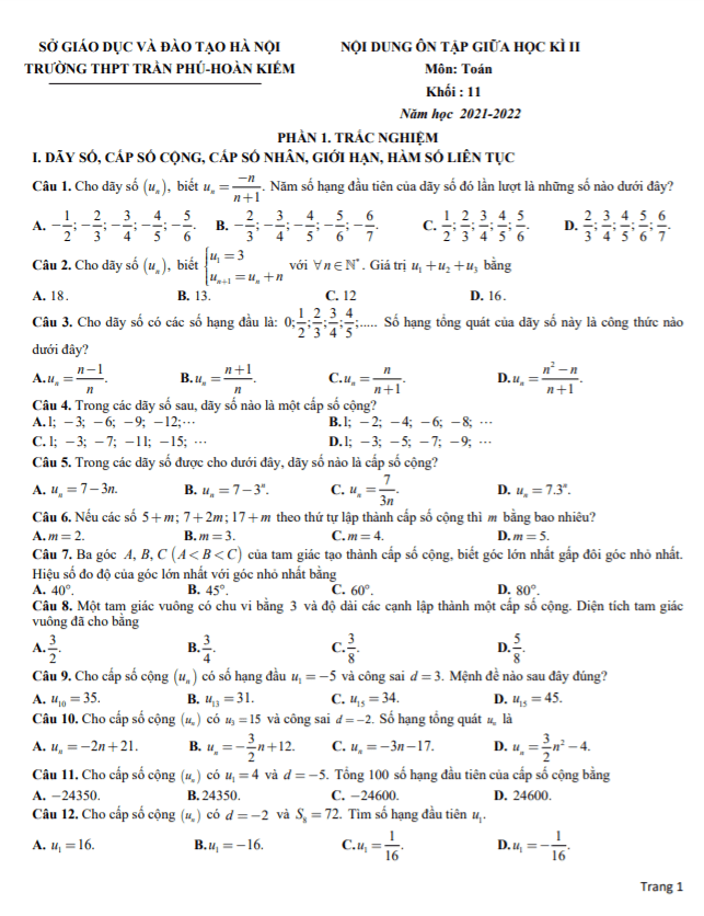Ôn tập giữa học kì 2 Toán 11 năm 2021 – 2022 trường THPT Trần Phú – Hà Nội