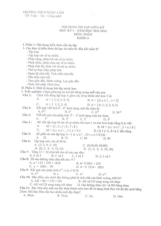 Ôn tập giữa học kỳ 1 Toán 6 năm 2023 – 2024 trường THCS Ngọc Lâm – Hà Nội