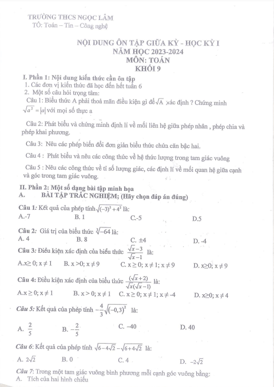 Ôn tập giữa học kỳ 1 Toán 9 năm 2023 – 2024 trường THCS Ngọc Lâm – Hà Nội
