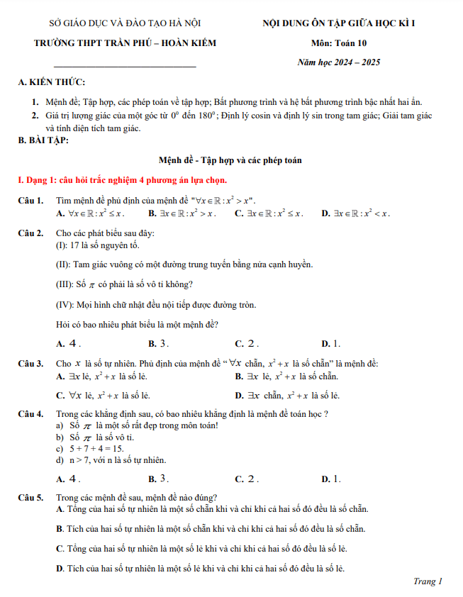Ôn tập giữa kì 1 Toán 10 năm 2024 – 2025 trường THPT Trần Phú – Hà Nội