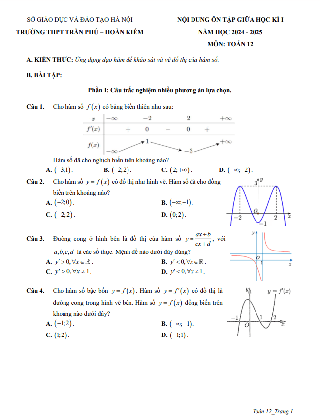 Ôn tập giữa kì 1 Toán 12 năm 2024 – 2025 trường THPT Trần Phú – Hà Nội