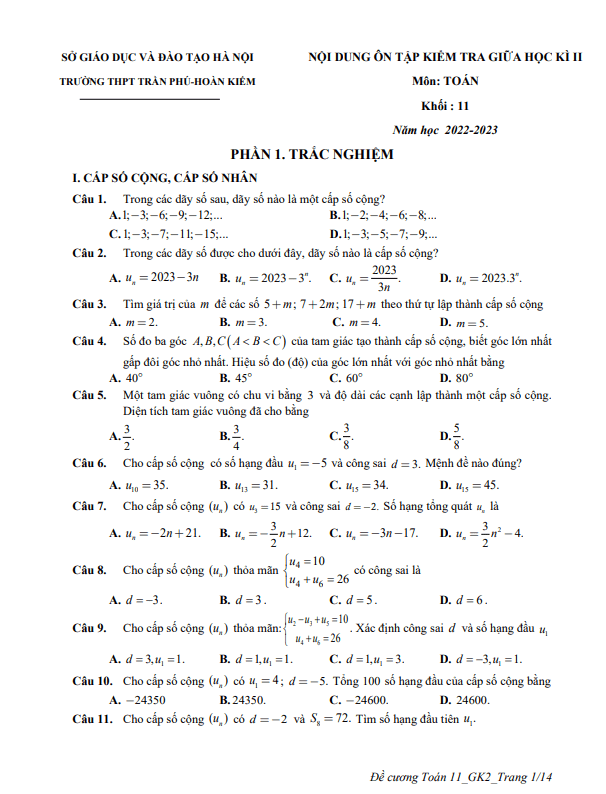 Ôn tập giữa kì 2 Toán 11 năm 2022 – 2023 trường THPT Trần Phú – Hà Nội
