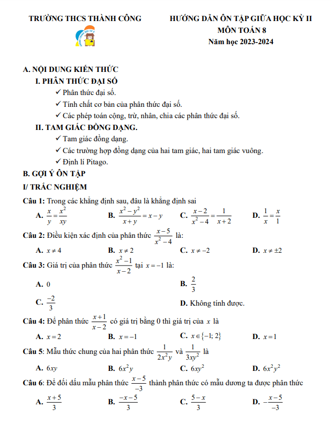 Ôn tập giữa kỳ 2 Toán 8 năm 2023 – 2024 trường THCS Thành Công – Hà Nội