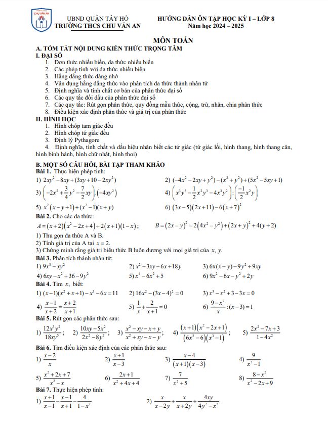 Ôn tập học kỳ 1 Toán 8 năm 2024 – 2025 trường THCS Chu Văn An – Hà Nội