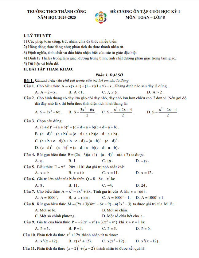 Ôn tập học kỳ 1 Toán 8 năm 2024 – 2025 trường THCS Thành Công – Hà Nội