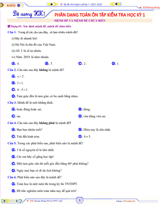 Phân dạng toán ôn tập kiểm tra học kỳ 1 Toán 10
