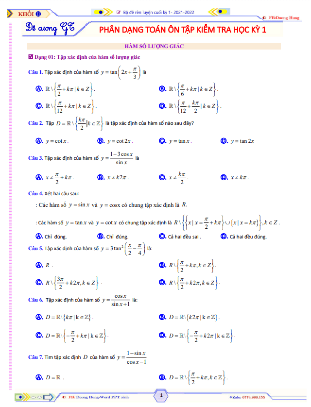 Phân dạng toán ôn tập kiểm tra học kỳ 1 Toán 11