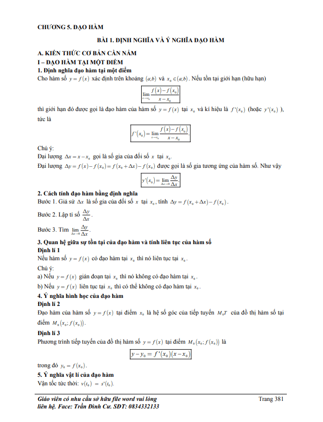 Phân loại và phương pháp giải bài tập đạo hàm