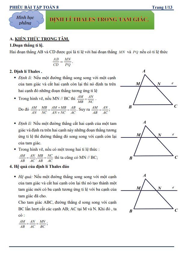 Phiếu bài tập Toán 8 chủ đề định lí Thalès