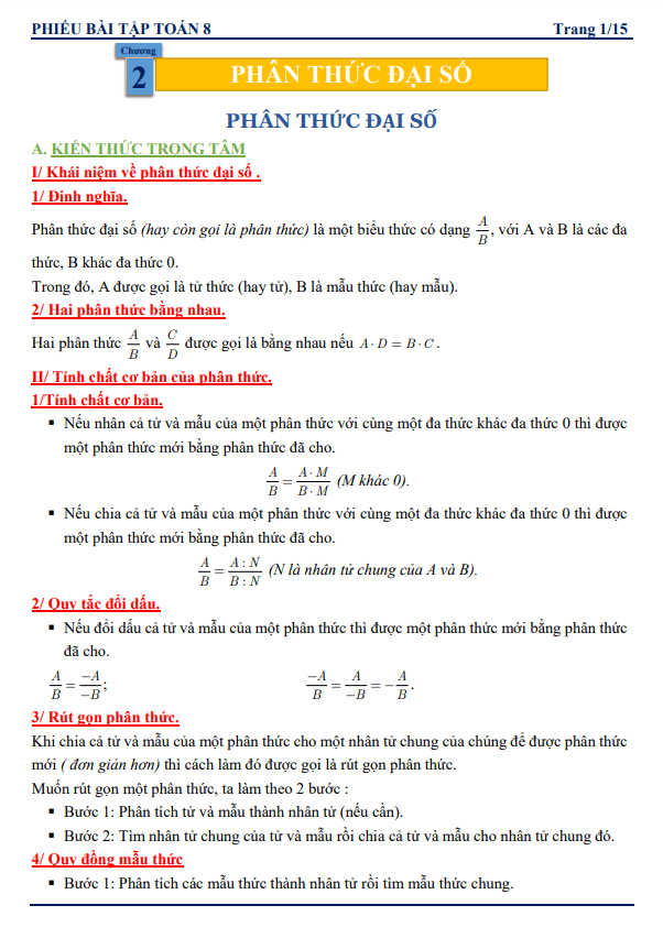 Phiếu bài tập Toán 8 chủ đề phân thức đại số