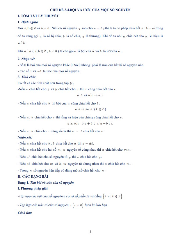 Tài liệu dạy thêm – học thêm chuyên đề bội và ước của một số nguyên